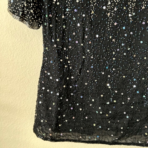Black Beaded Top Short Sleeve Silver Sequins Bead Trim  Vintage Size Petite PP - Picture 4 of 13
